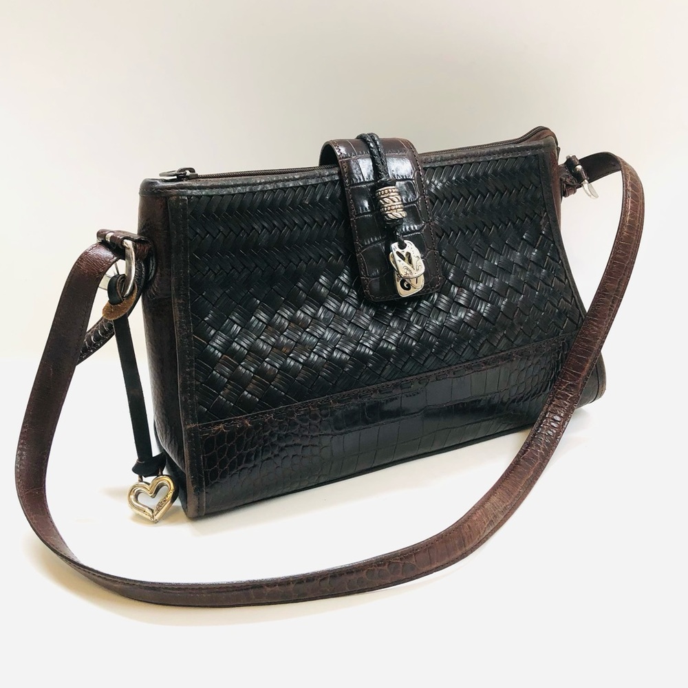 Brighton Black and Brown Woven Crossbody Bag EUC Leather Silver
